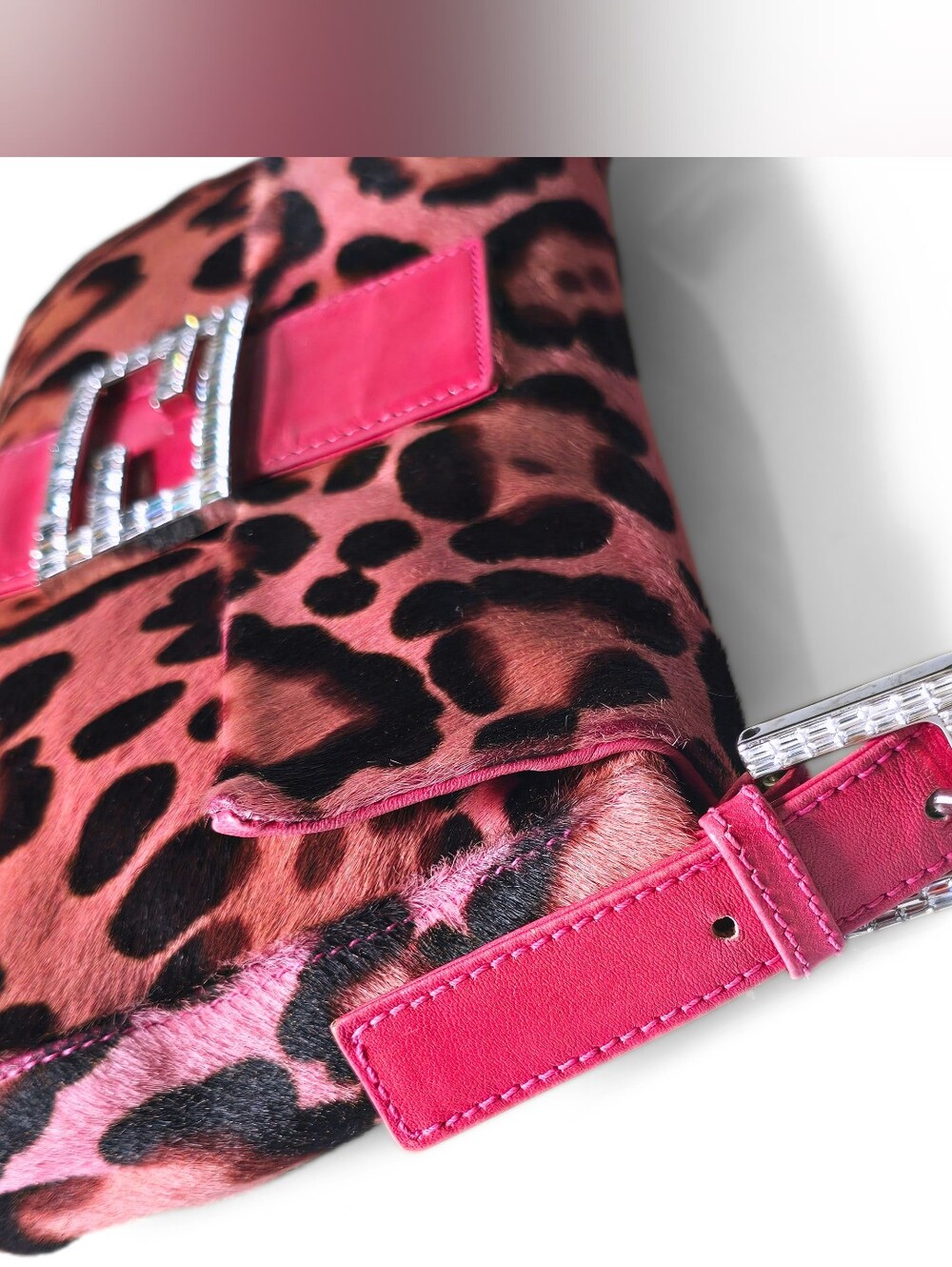 Fendi Baguette Vintage Pink Leopard Pony Hair Crystal Buckle Detail - Picture 8 of 16